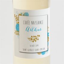 Etiquette de bouteille naissance Joli Bouquet Vintage personnalisable - Couleur Bleu, Jaune et Blanc - 9,5 x 9,5 cm - Monfairepart