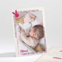 Remerciement naissance Joli lapin avec photo personnalisable - Couleur Rose - 9,5 x 13,8 cm - Monfairepart