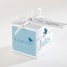 Boîte de dragées baptême Noeud et croix personnalisable - Couleur Bleu et Gris - 4,5 cm - Monfairepart