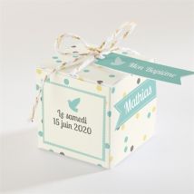 Boîte de dragées baptême Pois et confettis garçon personnalisable - 4,5 cm - Monfairepart