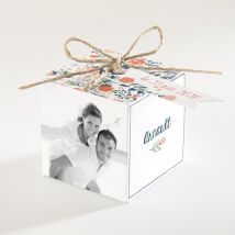 Boîte de dragées mariage Encadrement bleu et saumon personnalisable - 4,5 cm - Monfairepart