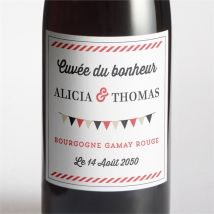 Etiquette de bouteille mariage Fanions de Bal personnalisable - Couleur Rouge et Blanc - 9,5 x 9,5 cm - Monfairepart