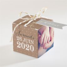 Boîte de dragées baptême Bapteme en famille personnalisable - Couleur Beige et Marron/Gris/Kraft - 4,5 cm - Monfairepart