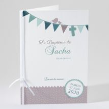 Livret de messe baptême Colombe et banderoles personnalisable - Couleur Vert/Violet et Marron et Blanc - 15,2 x 21,5 cm - Monfairepart