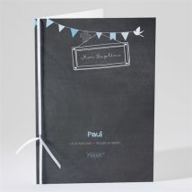 Livret de messe baptême Fanions bleus sur ardoise personnalisable - Couleur Bleu et Gris/Ardoise - 15,2 x 21,5 cm - Monfairepart