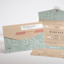 Faire-part mariage Voyage voyage personnalisable - Couleur Vert et Beige, Marron et Blanc/Kraft - 11,8 x 17,4 cm - Monfairepart