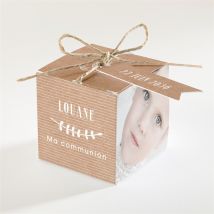 Boîte de dragées communion Première Communion personnalisable - Couleur Beige, Marron et Blanc/Kraft - 4,5 cm - Monfairepart