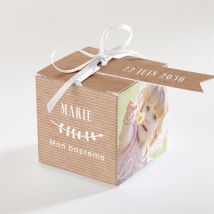 Boîte de dragées baptême Pele mele photo original personnalisable - Couleur Beige et Marron/Kraft - 4,5 cm - Monfairepart