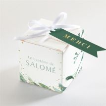 Boîte de dragées baptême Feuilles et Or personnalisable - Couleur Vert, Blanc et Doré - 4,5 cm - Monfairepart