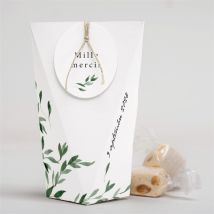 Boîte surprise mariage A l'ombre de l'olivier - Couleur Vert/Blanc - boîte de 4 x 4 cm d'épaisseur et 11 cm de hauteur - Monfairepart