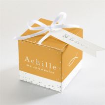 Boîte de dragées communion Jaune et Or personnalisable - Couleur Jaune et Blanc/Argenté - 4,5 cm - Monfairepart