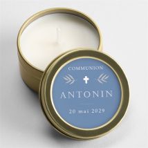 Bougie communion Bleu myosotis personnalisable - 5 cm et 2,5 cm de hauteur - Monfairepart
