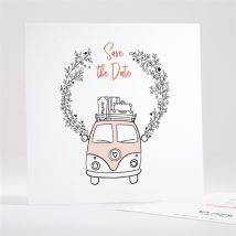 Save the Date mariage Champetre Van life personnalisable - Couleur Rose, Orange et Blanc - 13,5 x 13,5 cm - Monfairepart
