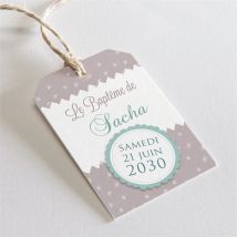 Etiquette baptême Colombe et banderoles personnalisable - Couleur Vert et Gris - 4 x 6 cm - Monfairepart