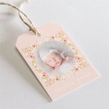 Etiquette baptême Douceur végétale rose personnalisable - Couleur Rose et Vert, Beige et Blanc - 4 x 6 cm - Monfairepart