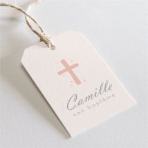 Etiquette baptême Mon petit Marque Page personnalisable - Couleur Rose/Orange, Beige et Blanc - 4 x 6 cm - Monfairepart