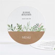 Menu mariage Nature chic rond personnalisable - Couleur Vert et Beige, Marron et Blanc et Multicolore/Kraft - 13,5 x 13,5 cm - Monfairepart