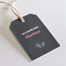 Etiquette communion Etape chrétienne personnalisable - Couleur Rose et Noir/Ardoise - 4 x 6 cm - Monfairepart