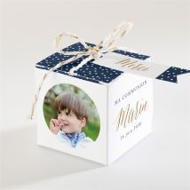 Boîte de dragées communion Relief personnalisable - Couleur Bleu et Blanc - 4,5 cm - Monfairepart