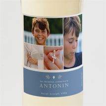 Etiquette de bouteille communion Bleu myosotis personnalisable - Couleur Bleu et Blanc - 9,5 x 9,5 cm - Monfairepart