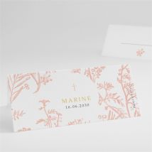 Marque-place communion Gravures végétales personnalisable - Couleur Rose/Orange, Blanc et Gris - 9,5 x 4,2 cm - Monfairepart