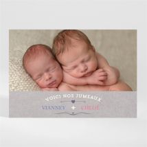 Faire-part naissance Annonce jumeaux magnet personnalisable - Couleur Gris - 13,8 x 9,5 cm - Monfairepart