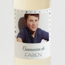 Etiquette de bouteille communion Ambiance art déco personnalisable - Couleur Bleu, Blanc et Gris - 9,5 x 9,5 cm - Monfairepart