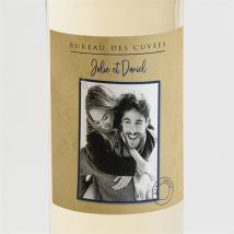 Etiquette de bouteille mariage Notre Télégramme personnalisable - Couleur Bleu, Beige et Marron/Kraft - 9,5 x 9,5 cm - Monfairepart