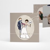 Faire-part mariage Illustrations Humour triptyque personnalisable - Couleur Beige, Marron et Blanc - 10 x 10 cm - Monfairepart