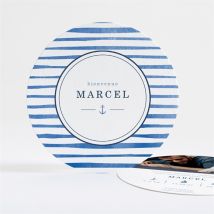 Faire-part naissance Notre Petit Marin rond personnalisable - Couleur Bleu et Blanc - 13,5 cm - Monfairepart