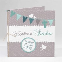 Faire-part de baptême Colombe et banderoles plié personnalisable - Couleur Bleu et Gris - 13,5 x 13,5 cm - Monfairepart