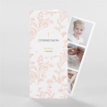 Faire-part communion Gravures végétales photomaton personnalisable - Couleur Rouge/Rose et Jaune, Blanc et Gris - 21 cm x 9 cm fermé - Monfairepart