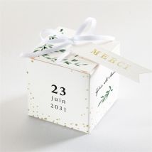 Boîte de dragées baptême Décoration végétale Dorure personnalisable - Couleur Vert, Noir et Blanc et Doré - 4,5 cm - Monfairepart