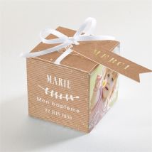 Boîte de dragées baptême Pele mele photo Dorure personnalisable - Couleur Beige et Marron/Doré/Kraft - 4,5 cm - Monfairepart