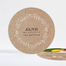 Faire-part de baptême Belle histoire sacrée Rond personnalisable - Couleur Marron/Doré/Kraft - 13,5 cm - Monfairepart