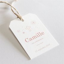 Etiquette communion Toujours plus Haut personnalisable - Couleur Rose/Orange, Beige et Blanc - 4 x 6 cm - Monfairepart