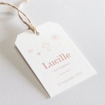 Etiquette baptême l'Envolée personnalisable - Couleur Rose/Orange, Beige et Blanc - 4 x 6 cm - Monfairepart