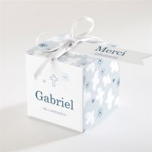 Boîte de dragées communion Vertige personnalisable - Couleur Bleu, Blanc et Gris - 4,5 cm - Monfairepart