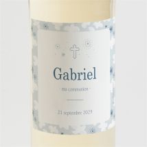 Etiquette de bouteille communion Vertige personnalisable - Couleur Bleu, Blanc et Gris - 9,5 x 9,5 cm - Monfairepart