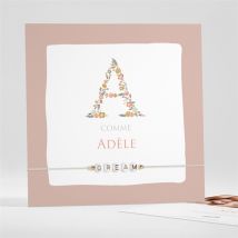 Faire-part naissance Belle initiale bracelet personnalisable - Couleur Rose et Blanc - 13,5 x 13,5 cm - Monfairepart