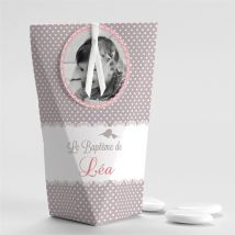 Boîte de dragées baptême Rondeur et douceur Étui personnalisable - Couleur Violet - boîte de 4 x 4 cm d'épaisseur et 11 cm de hauteur - Monfairepart