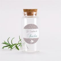 Mignonnette baptême Colombe et banderoles sticker personnalisable - 3,7 cm de diamètre et 8 cm de hauteur - Monfairepart