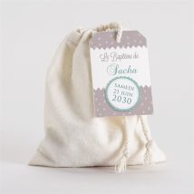 Pochon baptême Colombe et banderoles personnalisable - 10 cm x 12 cm - Monfairepart