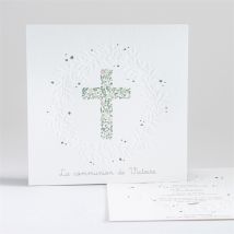 Faire-part communion Printanier gaufrage personnalisable - Couleur Vert, Jaune et Marron et Blanc - 13,5 x 13,5 cm - Monfairepart
