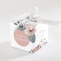 Boîte de dragées baptême Glorieuse cube personnalisable - Couleur Rose, Blanc et Gris - 4,5 cm - Monfairepart