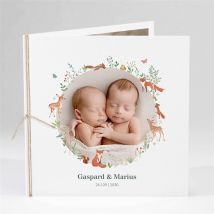 Faire-part naissance Jumeaux & animaux personnalisable - Couleur Orange et Blanc - 13,5 x 13,5 cm - Monfairepart