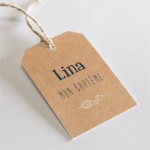 Etiquette baptême Tout en Pictos personnalisable - Couleur Beige et Marron/Kraft - 4 x 6 cm - Monfairepart