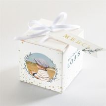 Boîte de dragées baptême Celebrons personnalisable - Couleur Vert/Bleu, Blanc et Doré - 4,5 cm - Monfairepart