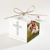 Boîte de dragées communion Printanier personnalisable - Couleur Vert et Blanc - 4,5 cm - Monfairepart