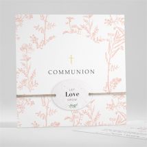 Faire-part communion Gravures végétales ensemencé personnalisable - Couleur Rose et Blanc - 13,5 x 13,5 cm - Monfairepart
